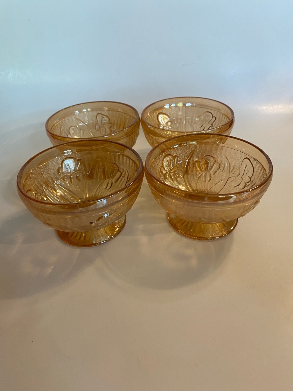 VTG Jeannette Marigold Carnival Glass "Iris & Herringbone" Footed Berry Bowls